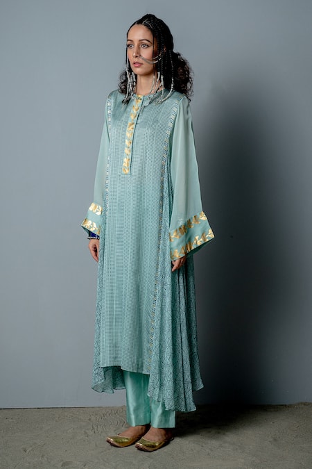 Buy_Pooja Rajgarhia Gupta_Blue Georgette, Cotton Satin Geometric Print, Nefertiti Kurta And Pant Set _Online_at_Aza_Fashions