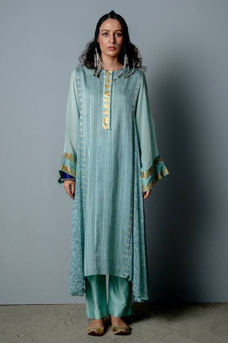 Shop_Pooja Rajgarhia Gupta_Blue Georgette, Cotton Satin Geometric Print, Nefertiti Kurta And Pant Set _Online_at_Aza_Fashions