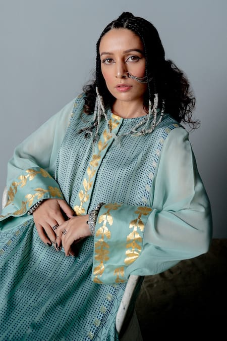 Pooja Rajgarhia Gupta_Blue Georgette, Cotton Satin Geometric Print, Nefertiti Kurta And Pant Set _at_Aza_Fashions