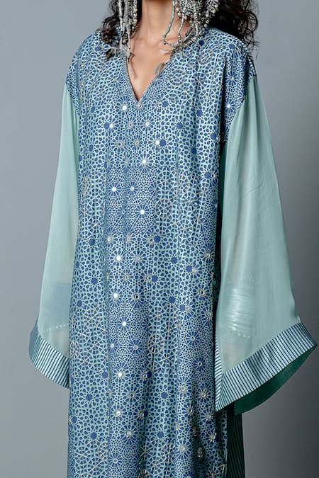 Shop_Pooja Rajgarhia Gupta_Blue Cotton Satin Cutdana Work, Mirror Work, Screen Mosaic Pheran And Pant Set _Online_at_Aza_Fashions