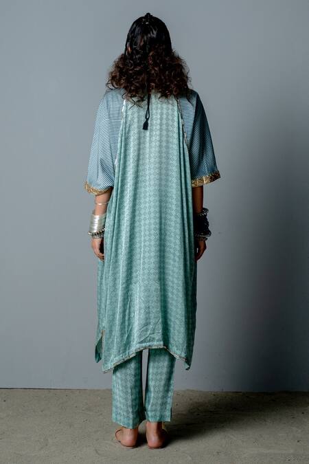 Shop_Pooja Rajgarhia Gupta_Blue Georgette, Cotton Satin Geometric Print, Nefertiti Kaftan And Pant Set _at_Aza_Fashions