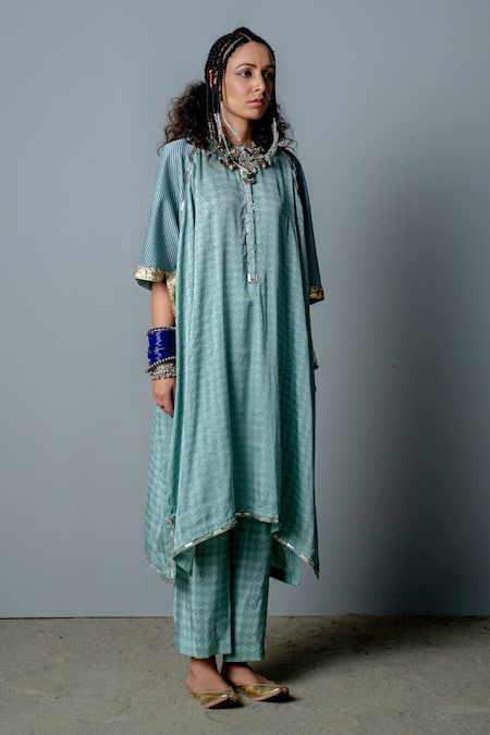 Pooja Rajgarhia Gupta_Blue Georgette, Cotton Satin Geometric Print, Nefertiti Kaftan And Pant Set _Online_at_Aza_Fashions