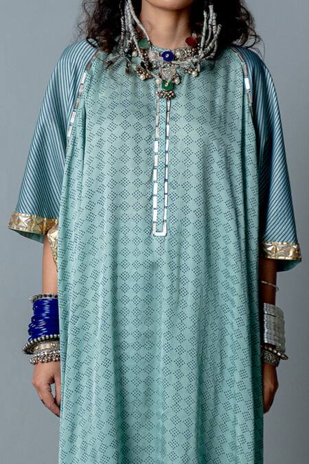 Shop_Pooja Rajgarhia Gupta_Blue Georgette, Cotton Satin Geometric Print, Nefertiti Kaftan And Pant Set _Online_at_Aza_Fashions