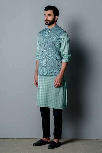 Buy_Pooja Rajgarhia Gupta_Blue Cotton Silk Cutdana Work, Geometric Print, Mirror Mosaic Bundi Kurta Set _Online_at_Aza_Fashions
