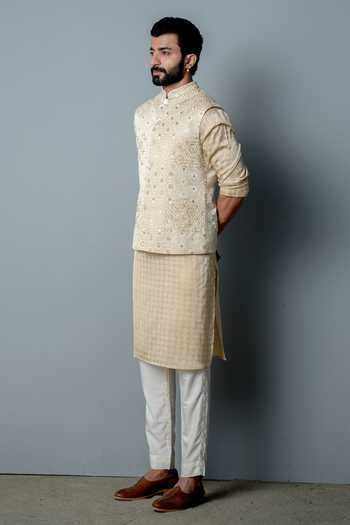 Buy_Pooja Rajgarhia Gupta_White Cotton Silk Cutdana Work, Geometric Print, Mirror Mosaic Bundi Kurta Set _Online_at_Aza_Fashions