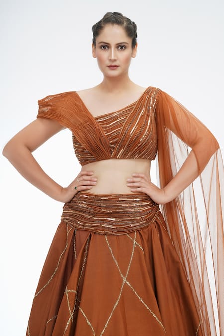 Shruti S_Brown Silk, Organza, Net Hashtag Motifs Asymmetric Lehenga And Draped Blouse Set_at_Aza_Fashions