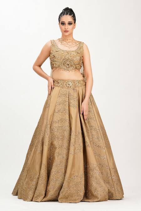 Shruti S_Gold Silk, Star Net Cutdana, Pearl Work, Sequin Round Embroidered Lehenga Set_Online_at_Aza_Fashions