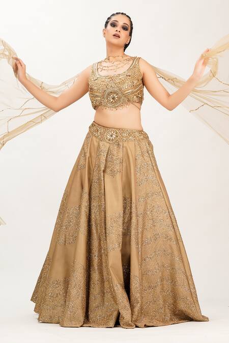 Buy_Shruti S_Gold Silk, Star Net Cutdana, Pearl Work, Sequin Round Embroidered Lehenga Set_Online_at_Aza_Fashions