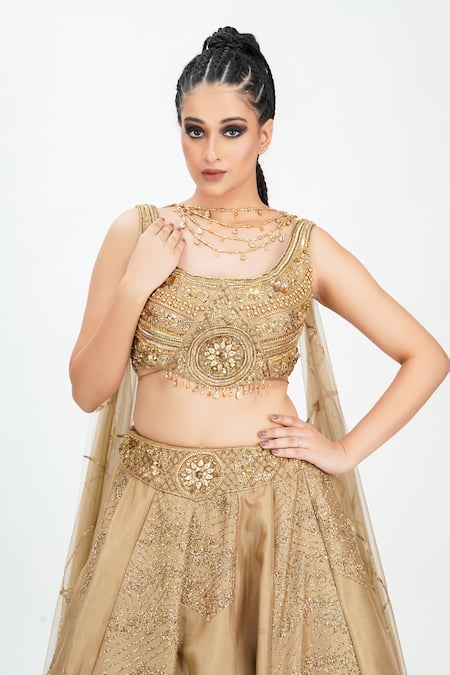 Shop_Shruti S_Gold Silk, Star Net Cutdana, Pearl Work, Sequin Round Embroidered Lehenga Set_Online_at_Aza_Fashions