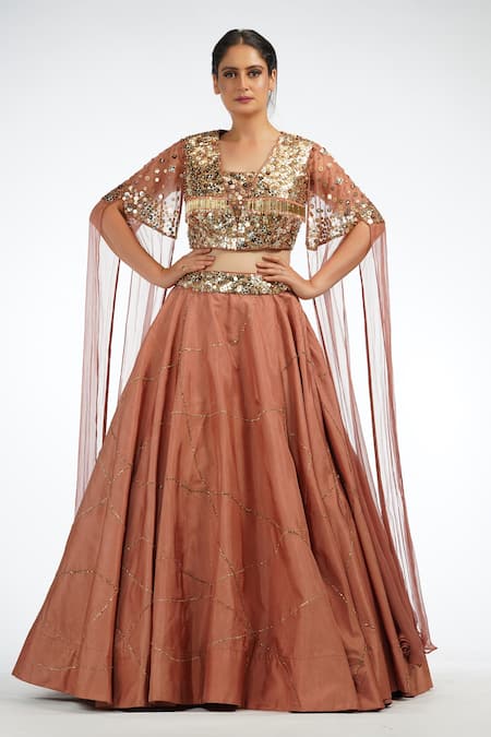Shruti S Brown Silk Embroidered Sequin Square Neck Blouse And Lehenga Set