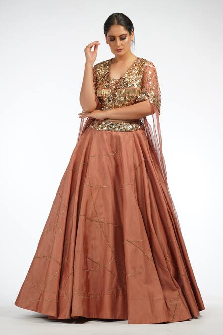 Shruti S_Brown Silk, Chiffon Sequin Square Neck Embroidered Blouse And Lehenga Set_Online_at_Aza_Fashions