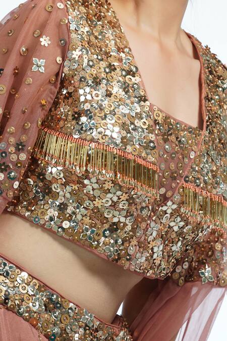 Shruti S_Brown Silk, Chiffon Sequin Square Neck Embroidered Blouse And Lehenga Set_at_Aza_Fashions