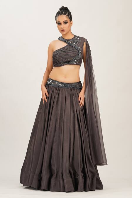 Buy_Shruti S_Grey Drape Star Net, Lehenga And Blouse Silk Sequins & Crossbody Bustier & Set_Online_at_Aza_Fashions