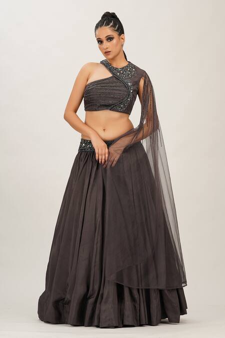 Shop_Shruti S_Grey Drape Star Net, Lehenga And Blouse Silk Sequins & Crossbody Bustier & Set_Online_at_Aza_Fashions