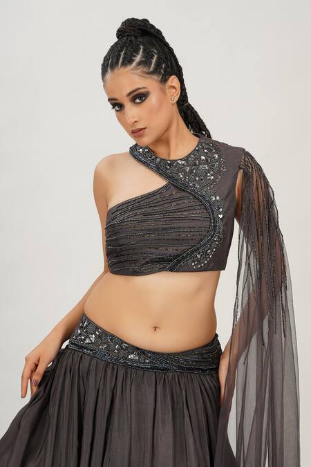 Shruti S_Grey Drape Star Net, Lehenga And Blouse Silk Sequins & Crossbody Bustier & Set_at_Aza_Fashions
