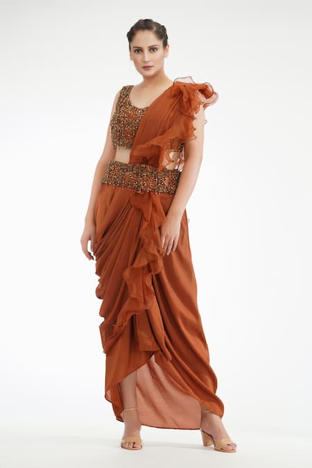 Shruti S Brown Silk Embroidered Sequin Leaf Neck Dhoti Saree With Blouse