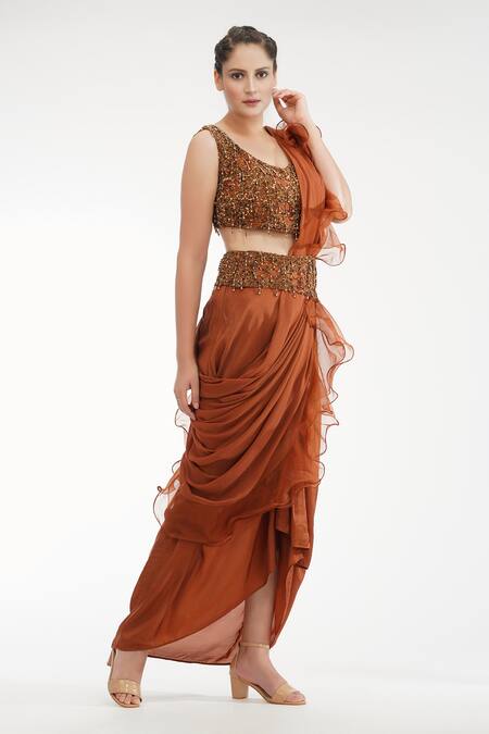 Shruti S Brown Silk, Organza, Georgette Sequin, Tassel Leaf Neck Dhoti Saree With Blouse Online at Aza Fashions Shruti S_Brown Silk, Organza, Georgette Sequin, Tassel Leaf Neck Dhoti Saree With Blouse _Online_at_Aza_Fashions