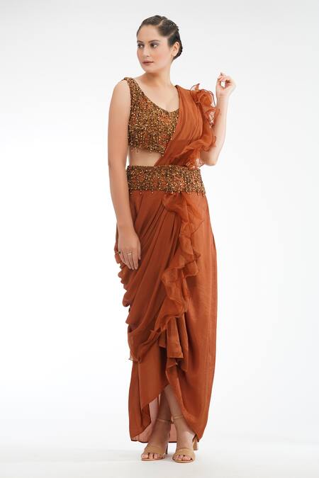 Buy Shruti S Brown Silk, Organza, Georgette Sequin, Tassel Leaf Neck Dhoti Saree With Blouse Online at Aza Fashions Buy_Shruti S_Brown Silk, Organza, Georgette Sequin, Tassel Leaf Neck Dhoti Saree With Blouse _Online_at_Aza_Fashions