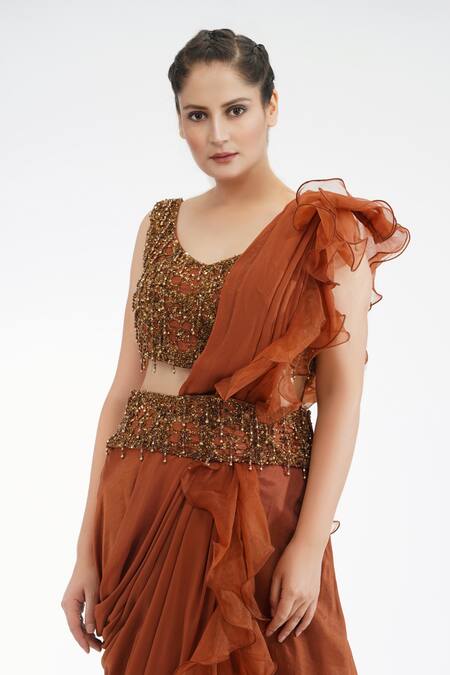 Shop Shruti S Brown Silk, Organza, Georgette Sequin, Tassel Leaf Neck Dhoti Saree With Blouse Online at Aza Fashions Shop_Shruti S_Brown Silk, Organza, Georgette Sequin, Tassel Leaf Neck Dhoti Saree With Blouse _Online_at_Aza_Fashions
