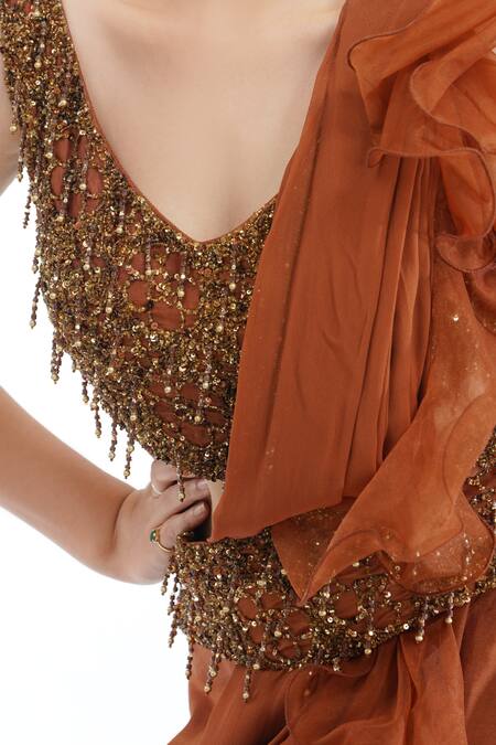 Shruti S Brown Silk, Organza, Georgette Sequin, Tassel Leaf Neck Dhoti Saree With Blouse at Aza Fashions Shruti S_Brown Silk, Organza, Georgette Sequin, Tassel Leaf Neck Dhoti Saree With Blouse _at_Aza_Fashions