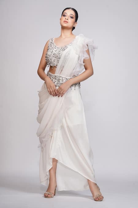 Shruti S White Silk Embroidered Sequin Leaf Neck Dhoti Saree With Blouse