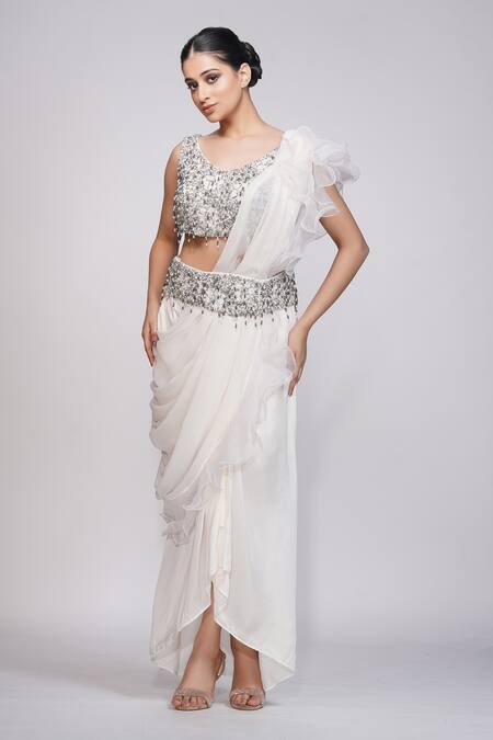 Shruti S_White Silk, Organza, Georgette Sequin, Tassel Leaf Neck Dhoti Saree With Blouse_Online_at_Aza_Fashions