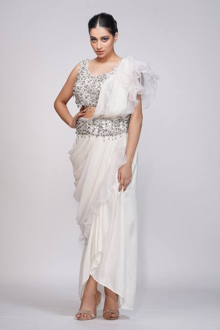 Buy_Shruti S_White Silk, Organza, Georgette Sequin, Tassel Leaf Neck Dhoti Saree With Blouse_Online_at_Aza_Fashions