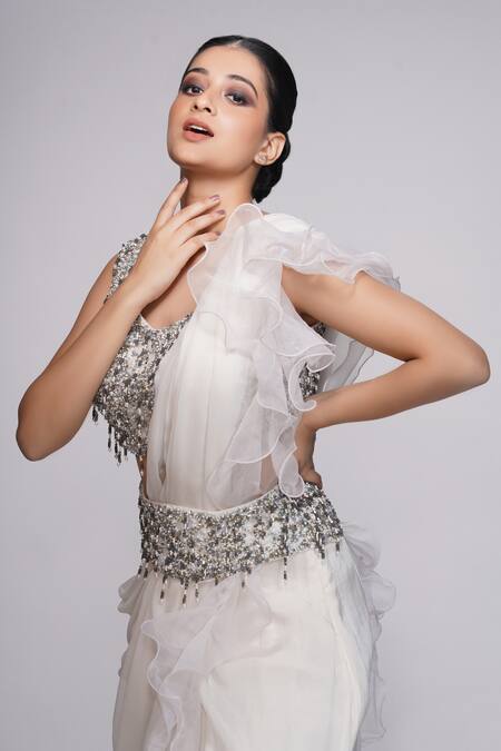 Shop_Shruti S_White Silk, Organza, Georgette Sequin, Tassel Leaf Neck Dhoti Saree With Blouse_Online_at_Aza_Fashions