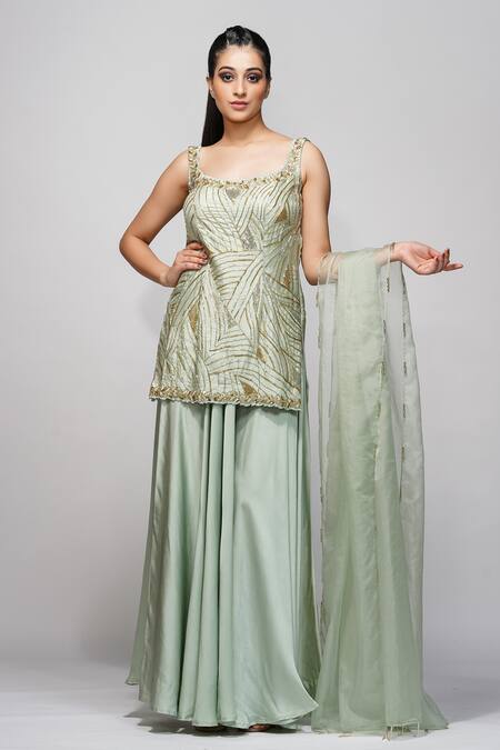 Shruti S_Green Kurta  Silksharara  Modal Satindupatta  Organza Embroidered Set_Online_at_Aza_Fashions