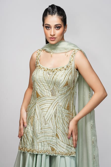 Shop_Shruti S_Green Kurta  Silksharara  Modal Satindupatta  Organza Embroidered Set_Online_at_Aza_Fashions
