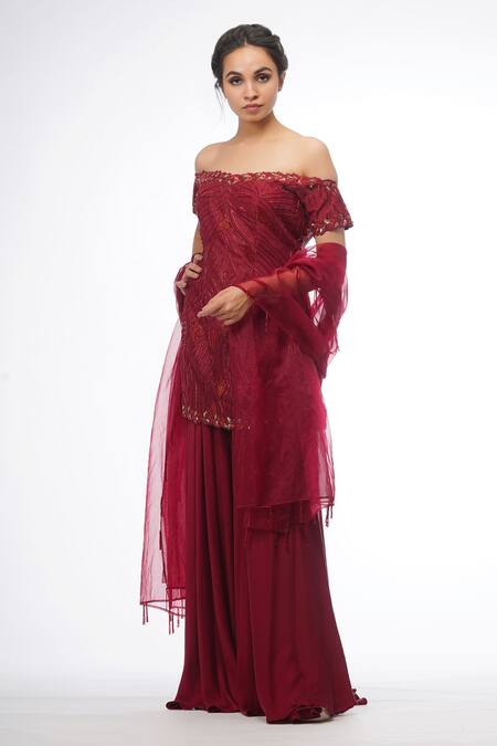 Shruti S_Red Silk, Organza, Modal Satin Cutdana, Sequin Off Shoulder Kurta Sharara Set_Online_at_Aza_Fashions