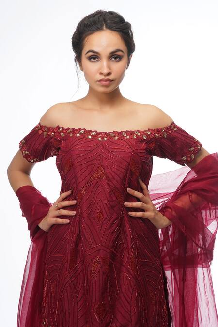 Buy_Shruti S_Red Silk, Organza, Modal Satin Cutdana, Sequin Off Shoulder Kurta Sharara Set_Online_at_Aza_Fashions