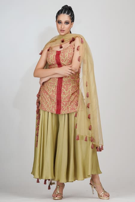 Shruti S Red Kurta  Silksharara Modaldupatta  Organza Bead Work, Cutdana Work, Set 