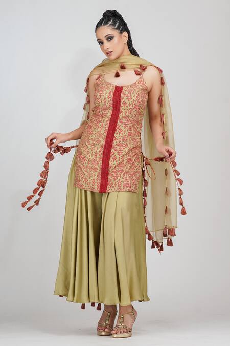 Shop Shruti S Red Kurta Silksharara Modaldupatta Organza Bead Work, Cutdana Work, Set Online at Aza Fashions Shop_Shruti S_Red Kurta Silksharara Modaldupatta Organza Bead Work, Cutdana Work, Set_Online_at_Aza_Fashions