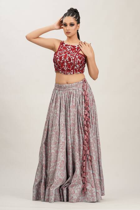 Shruti S_Grey Lehenga  Silkcholi  Silk Cutdana Work, Hand Block Print, Sequins High Set_Online_at_Aza_Fashions