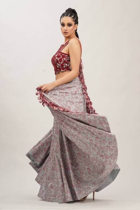 Shop_Shruti S_Grey Lehenga  Silkcholi  Silk Cutdana Work, Hand Block Print, Sequins High Set_Online_at_Aza_Fashions