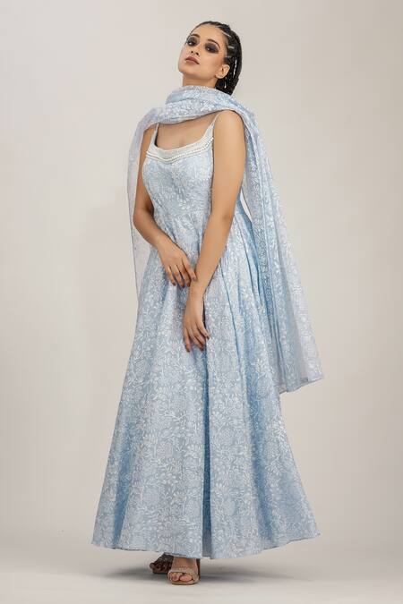 Shruti S_Blue Anarkali  Silkchuridar  Satindupatta  Organza Hand Block Silk Set_Online_at_Aza_Fashions