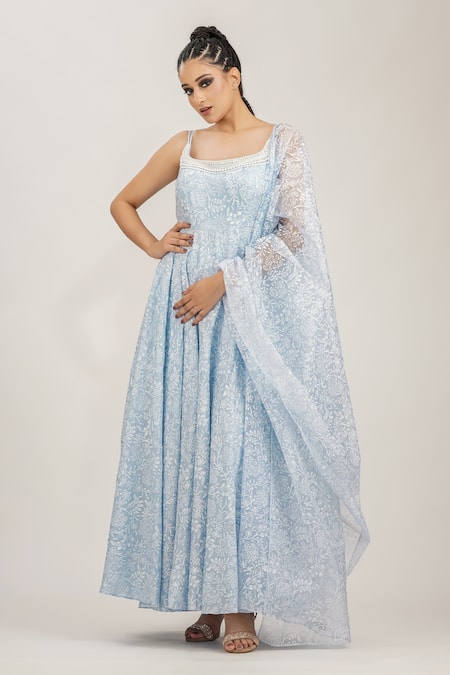 Buy_Shruti S_Blue Anarkali  Silkchuridar  Satindupatta  Organza Hand Block Silk Set_Online_at_Aza_Fashions