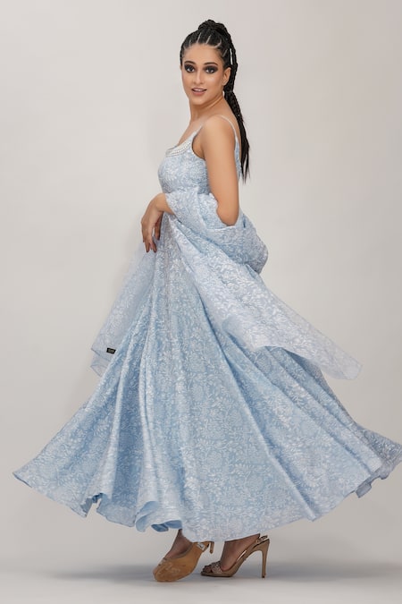 Shop_Shruti S_Blue Anarkali  Silkchuridar  Satindupatta  Organza Hand Block Silk Set_Online_at_Aza_Fashions