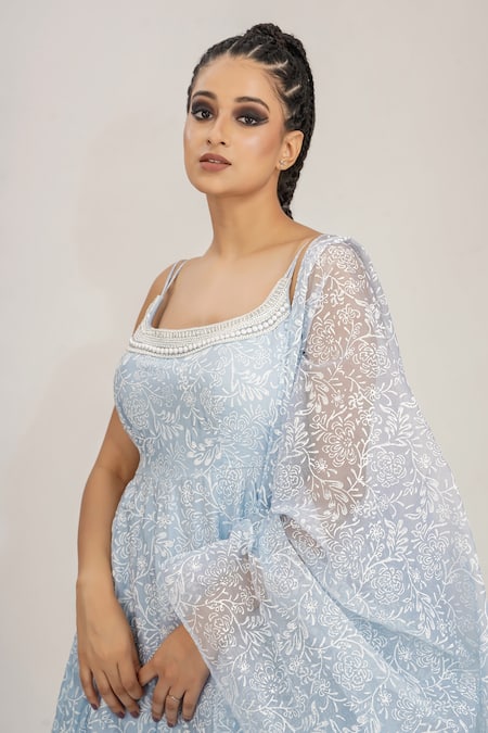 Shruti S_Blue Anarkali  Silkchuridar  Satindupatta  Organza Hand Block Silk Set_at_Aza_Fashions