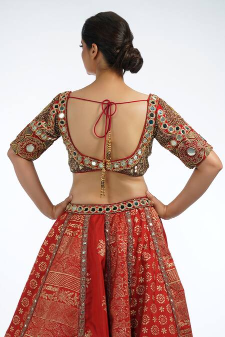 Shop_Shruti S_Red Silk, Star Net Floral, Metallic Leaf Neck Print Lehenga Set _at_Aza_Fashions