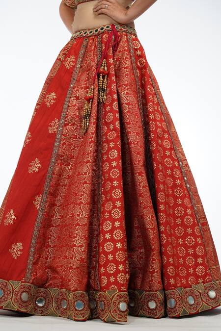 Shop_Shruti S_Red Silk, Star Net Floral, Metallic Leaf Neck Print Lehenga Set _Online_at_Aza_Fashions