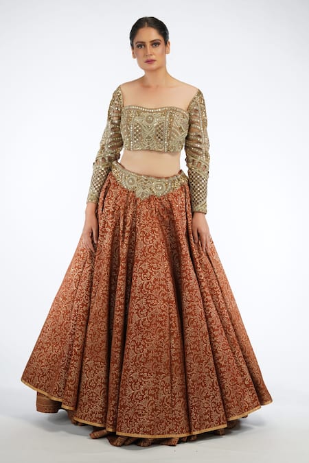 Shop_Shruti S_Brown Silk, Organza Floral Motifs Sweetheart Neck Layered Lehenga Set _at_Aza_Fashions