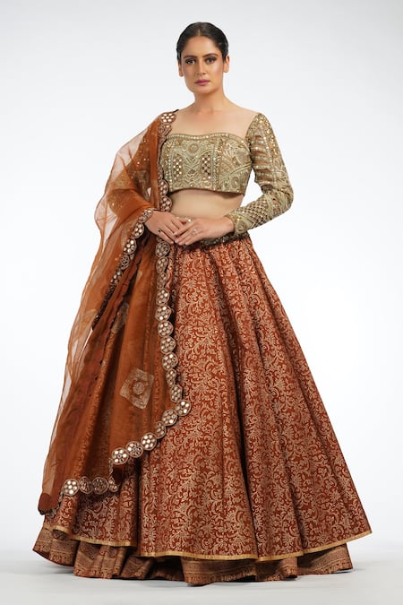 Shruti S_Brown Silk, Organza Floral Motifs Sweetheart Neck Layered Lehenga Set _Online_at_Aza_Fashions