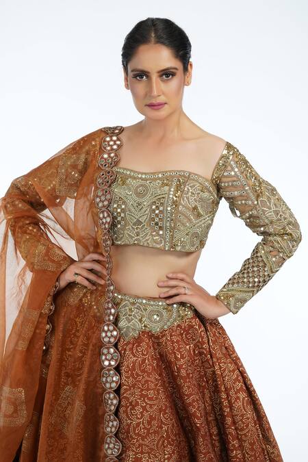 Buy_Shruti S_Brown Silk, Organza Floral Motifs Sweetheart Neck Layered Lehenga Set _Online_at_Aza_Fashions