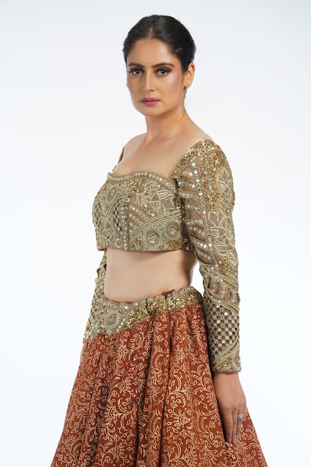 Shop_Shruti S_Brown Silk, Organza Floral Motifs Sweetheart Neck Layered Lehenga Set _Online_at_Aza_Fashions