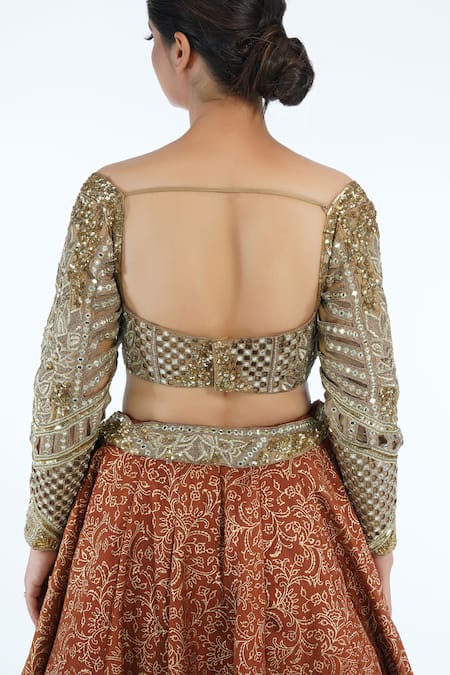 Shruti S_Brown Silk, Organza Floral Motifs Sweetheart Neck Layered Lehenga Set _at_Aza_Fashions