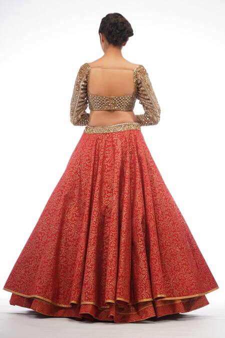 Shop_Shruti S_Red Silk, Organza Floral Motifs Sweetheart Neck Layered Lehenga Set _at_Aza_Fashions