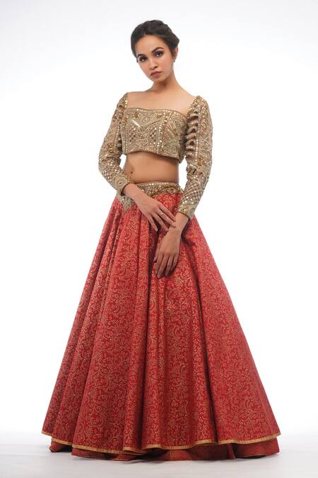 Shruti S_Red Silk, Organza Floral Motifs Sweetheart Neck Layered Lehenga Set _Online_at_Aza_Fashions