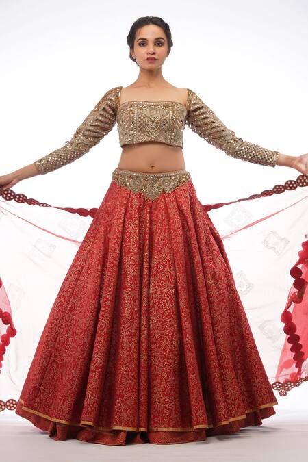 Shop_Shruti S_Red Silk, Organza Floral Motifs Sweetheart Neck Layered Lehenga Set _Online_at_Aza_Fashions
